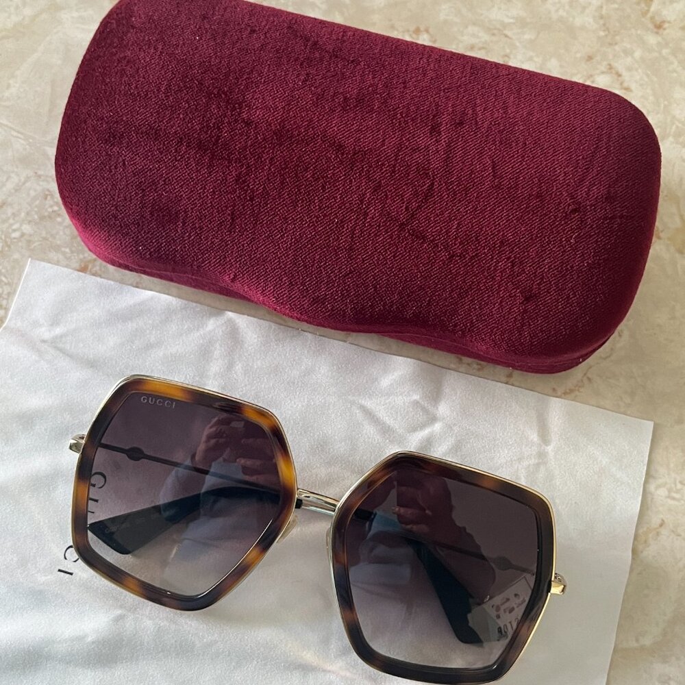 Gucci 0106S Oversized Square Frame Sunglasses Havana Tortoise Frame Brown Lens - Picture 2 of 10